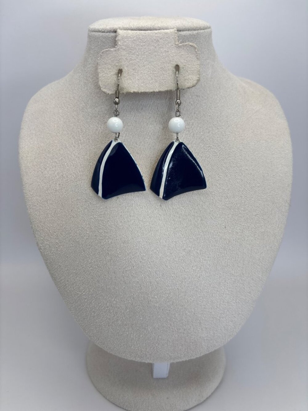 Vintage Unique Retro Triangular Shape Drop Earrings Enamel Blue White